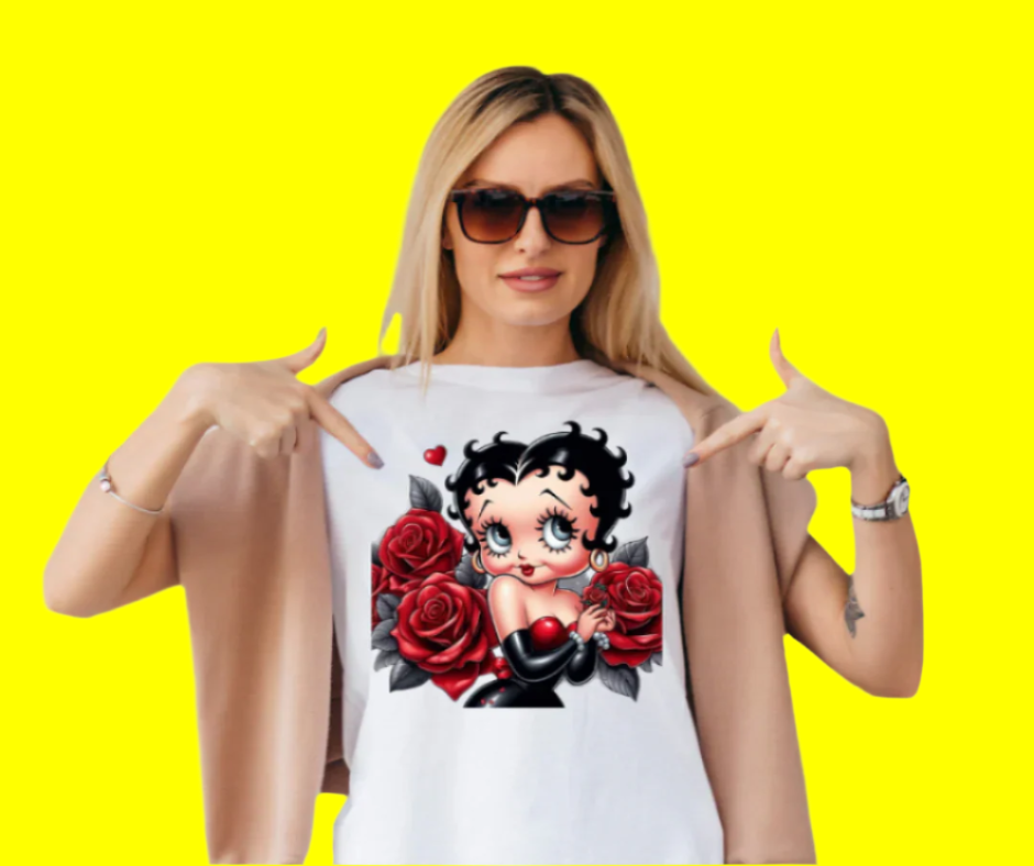 "Classic Betty Boop tee with vibrant flower design, retro-style shirt featuring iconic Betty Boop character and colorful floral accents."