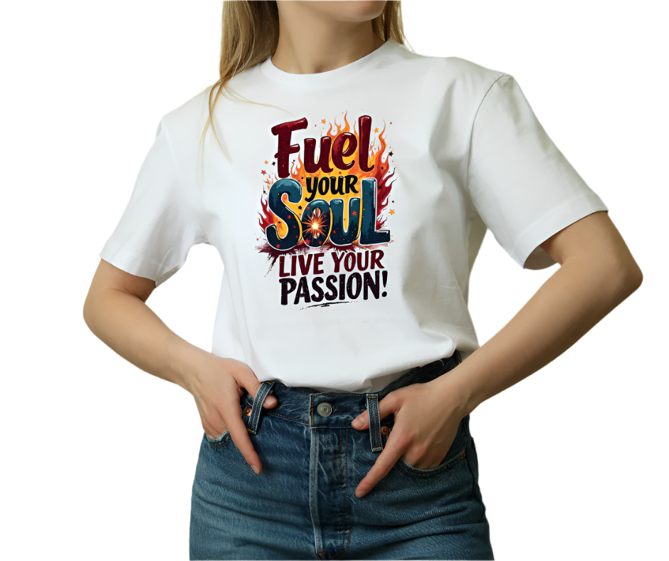 Person wearing a white t-shirt with motivational quote design on a beige background