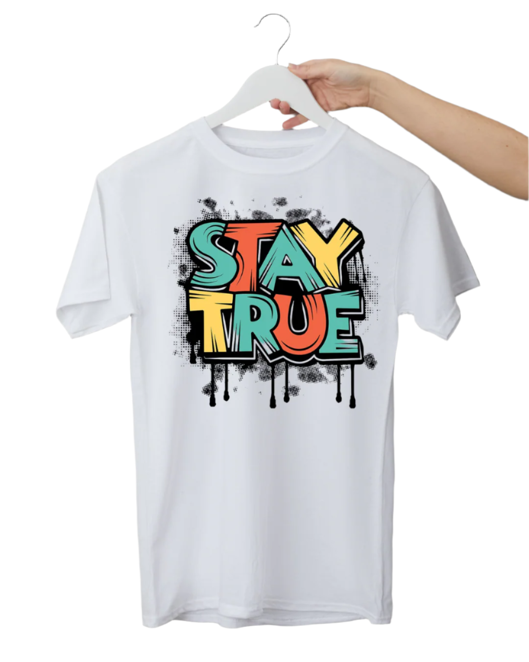 White t-shirt with 'STAY TRUE' graphic on a hanger against a gray background