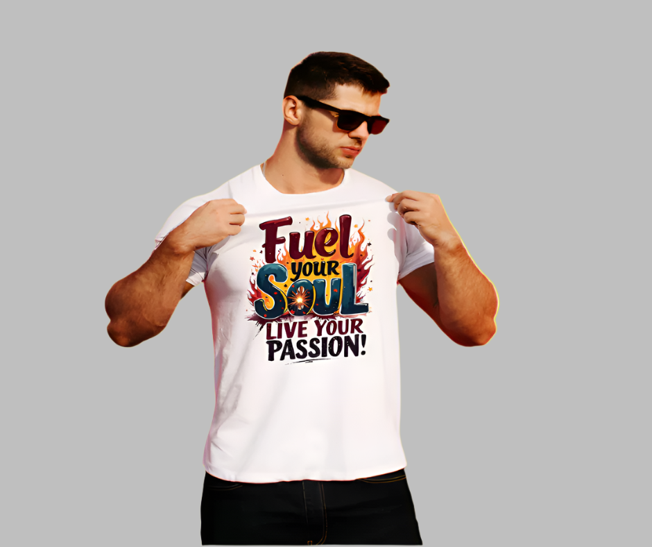 "Inspirational 'Fuel Your Soul and Live Your Life' tee, bright shirt with motivational design."