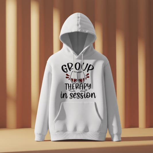 White hoodie with 'Group Therapy in Session' text on a striped background