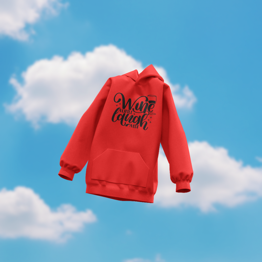 Red hoodie with text design against a blue sky with clouds