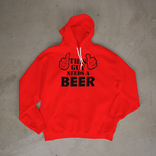 Red hoodie with 'This Guy Needs a Beer' text on a gray surface
