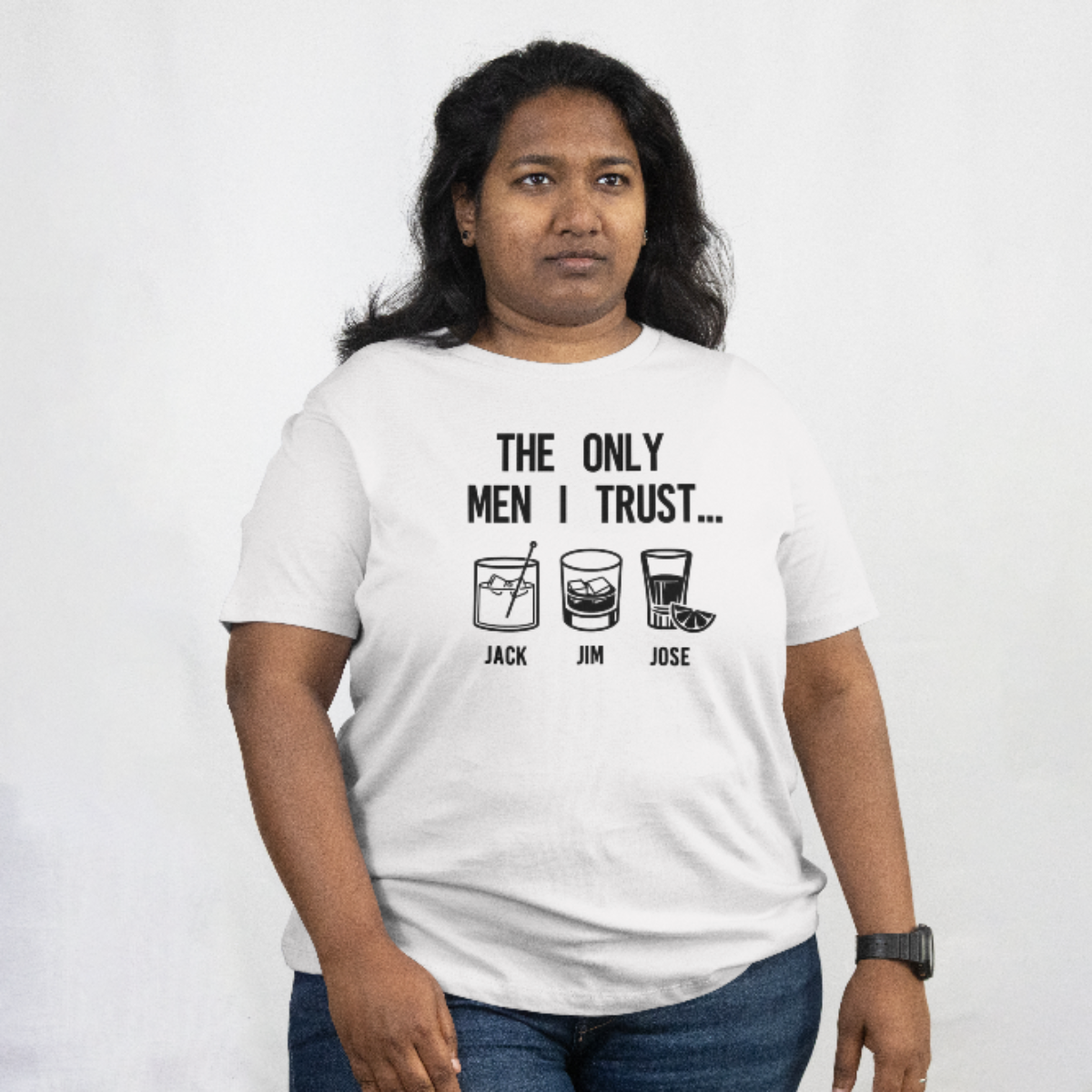 Person wearing a white t-shirt with a humorous graphic and text on a plain background