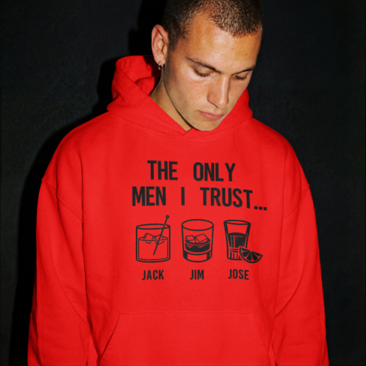 Person wearing a red hoodie with text and images of drinks on a black background