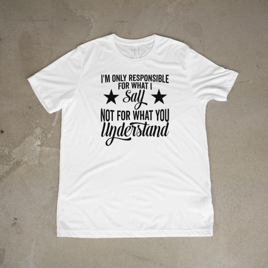 White t-shirt with black text on a textured beige background