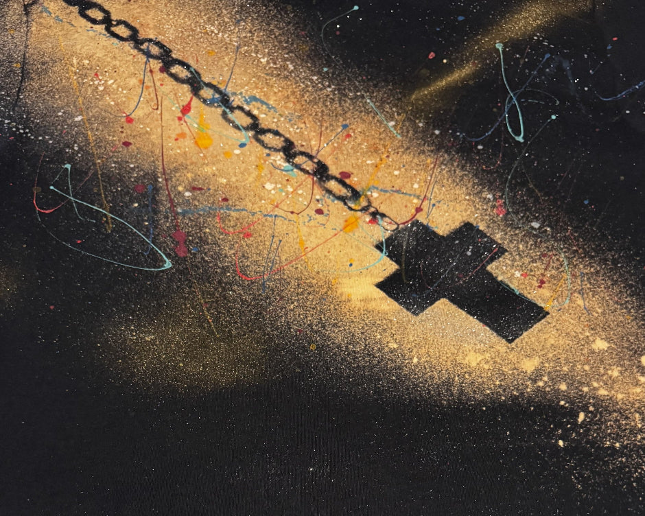 Abstract painting of a chain with a key on a dark background