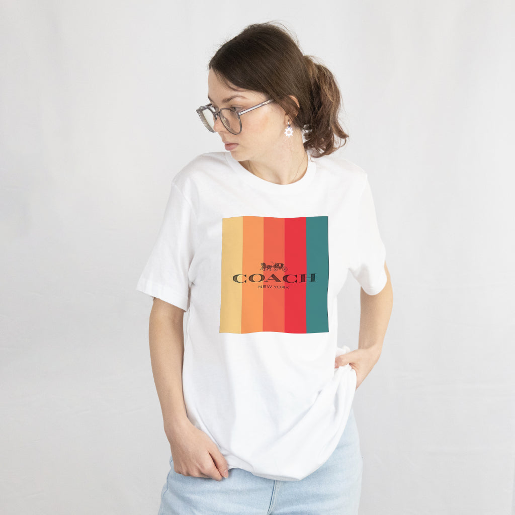 Vibrant Coach Print Unisex White T-Shirt – Perfect for Everyone