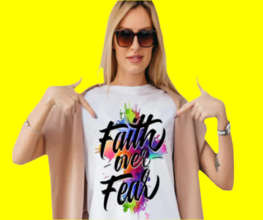 Inspirational 'Faith Over Fear' tee, empowering shirt with bold text and positive message.
