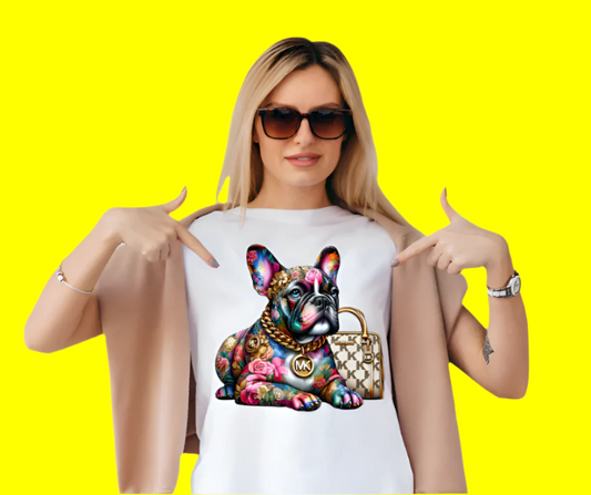 Michael Kors women’s tee with dog graphic, stylish purse with chain design, blending fashion and luxury."
