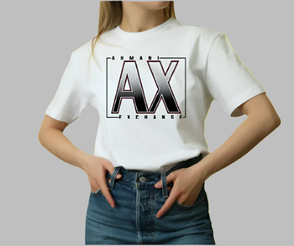 Armani Exchange designer tee, bold shirt with large logo lettering for luxury fashion lovers."