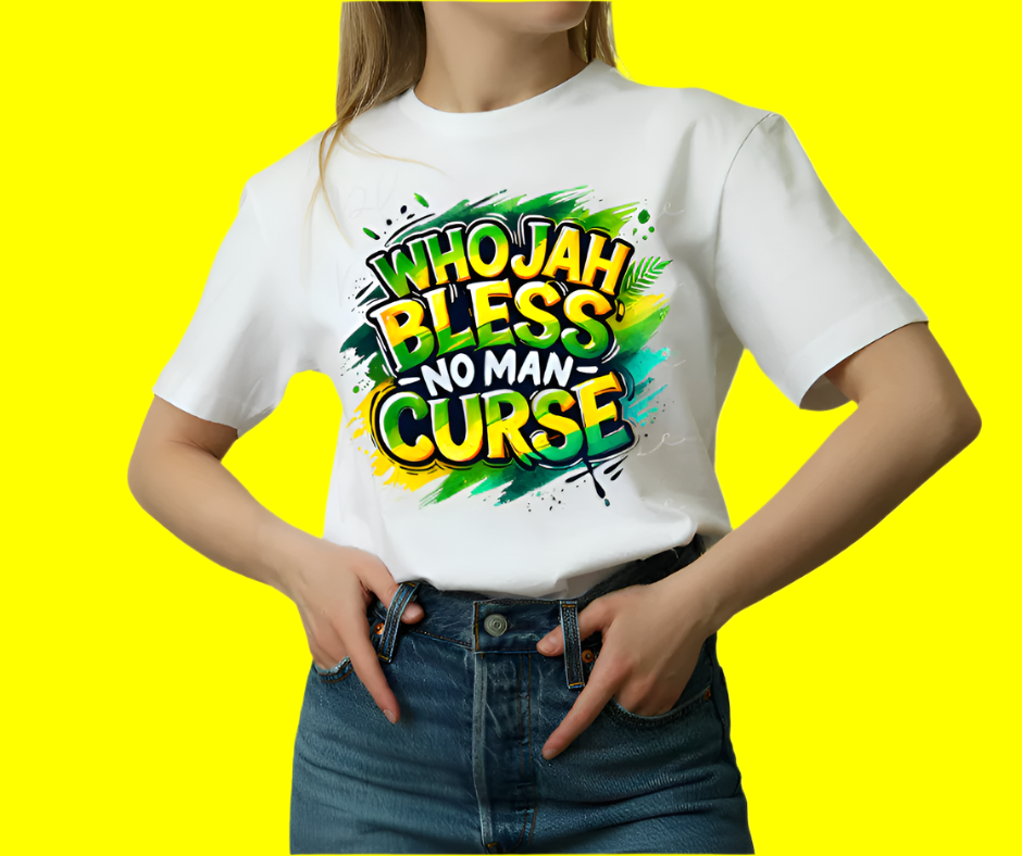 Inspirational 'Who Jah Gives No Man Who Curse' tee, spiritual shirt with bold text design."

