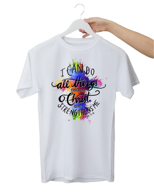White t-shirt with colorful text design on a hanger