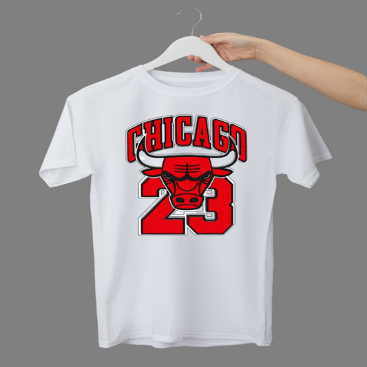 White t-shirt with red and black graphic design on a hanger against a gray background