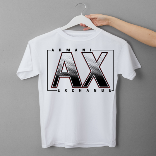 White t-shirt with Armani Exchange logo on a hanger against a gray background