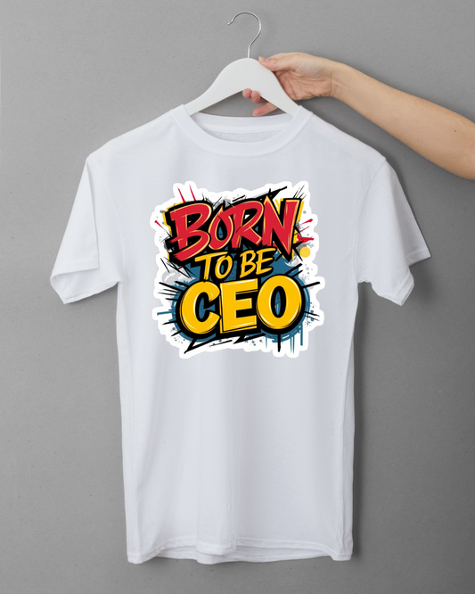 White t-shirt with 'Born to be CEO' graphic on a hanger against a gray background