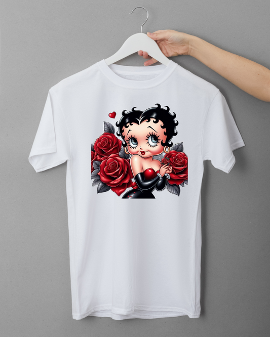White t-shirt with a cartoon character holding roses on a hanger against a gray background