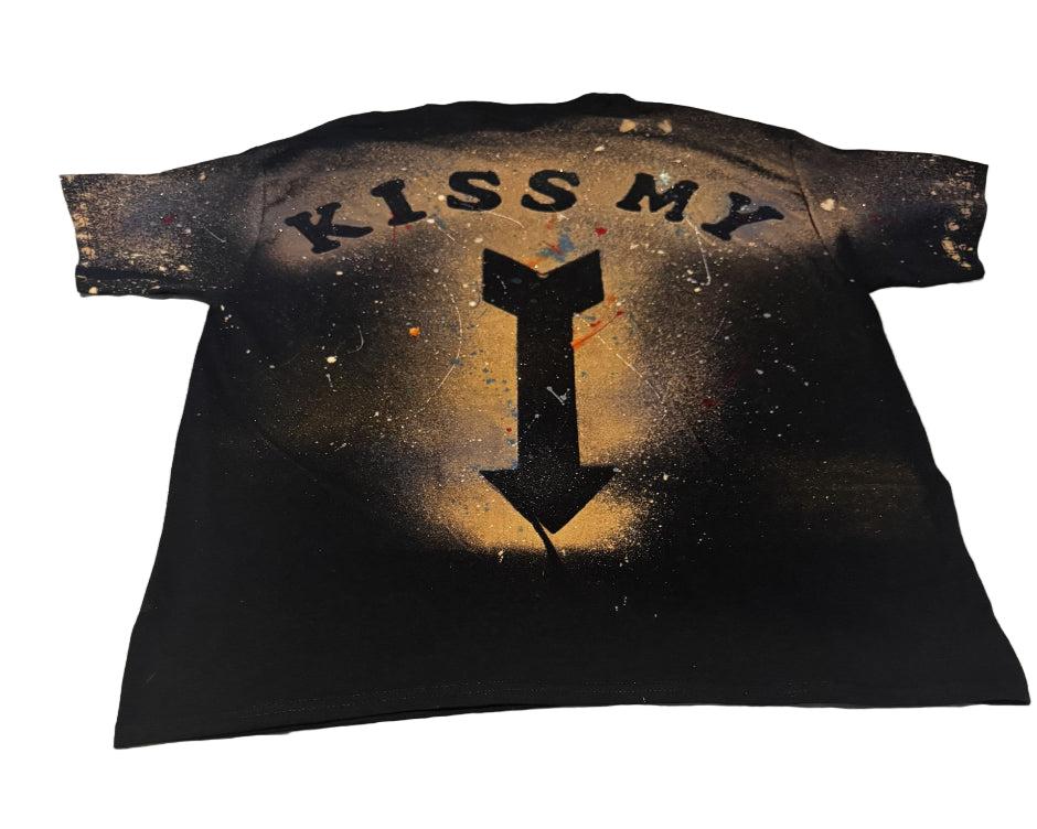 Black t-shirt with 'KISS MY' text and an arrow graphic on a white background