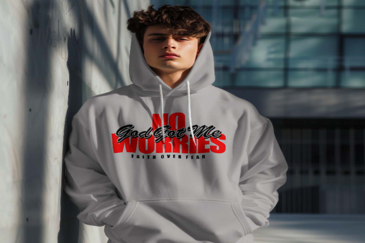 Person wearing a gray hoodie with 'No Worries' text, standing against a light-colored wall.