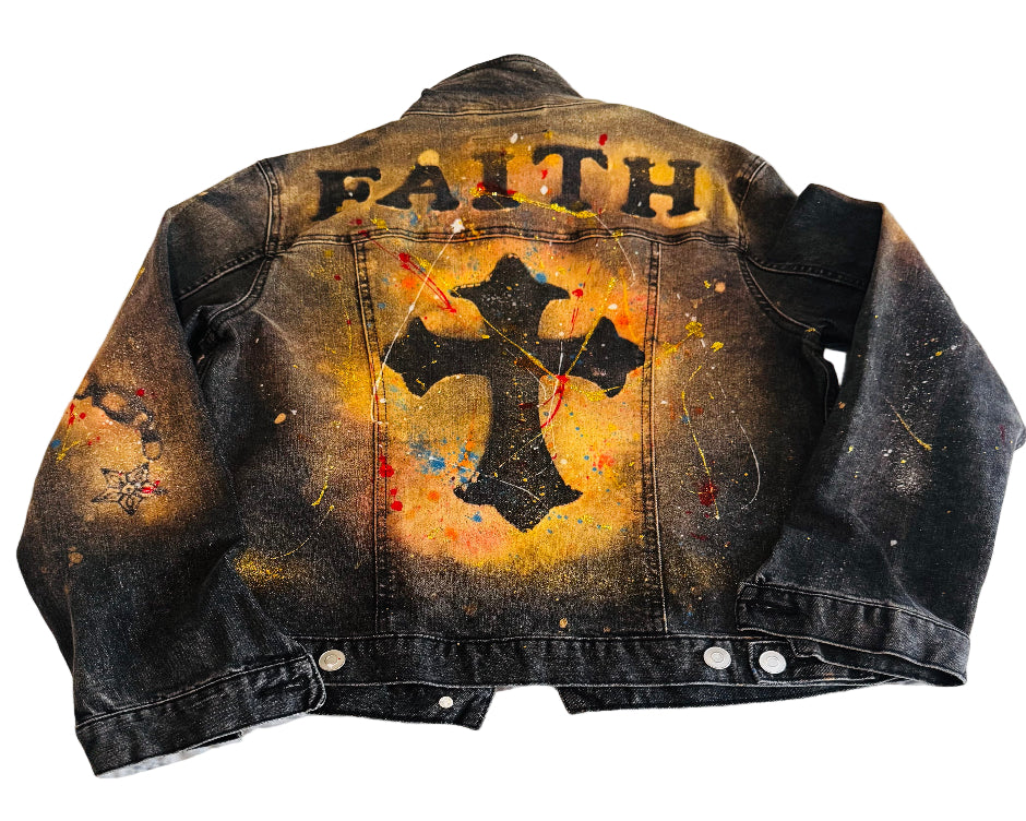 Denim jacket with 'FAITH' and cross design on a textured surface
