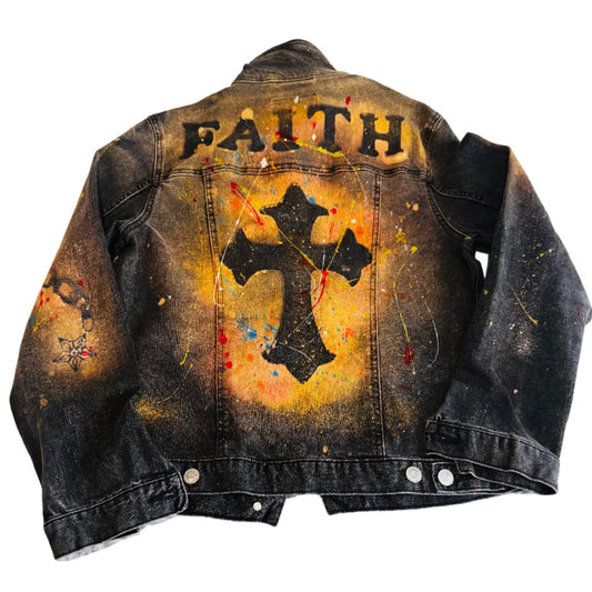 Denim jacket with 'FAITH' and cross design on a textured surface