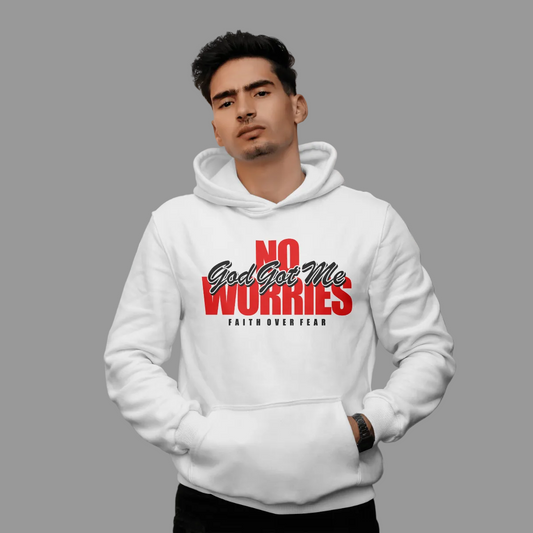 Man wearing a white hoodie with text on a street background