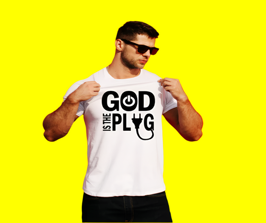 Bold 'God the Plug' tee, trendy faith-based shirt with urban-style font and powerful message.