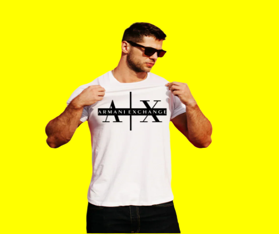"Armani Exchange bold logo tee, high-fashion shirt with large designer letters for a stylish statement."