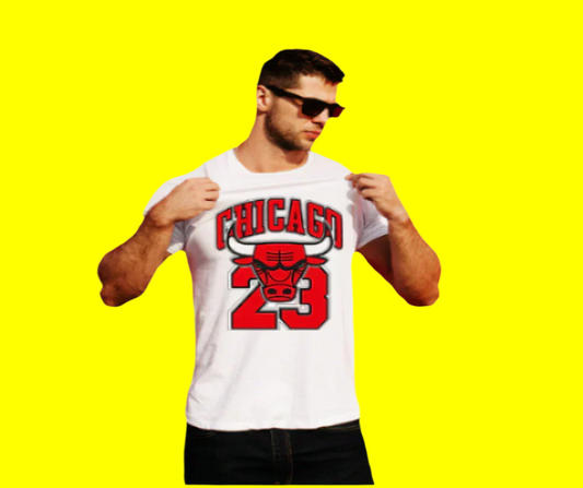 Chicago Bulls fan tee, red shirt with bold team logo and sporty design for basketball lovers."

