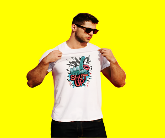 "Bold 'Shut Up' statement tee, black shirt with simple white text for confident individuals."


