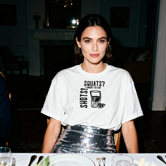Woman wearing a white t-shirt with text and graphics, sitting at a table in a dimly lit room.