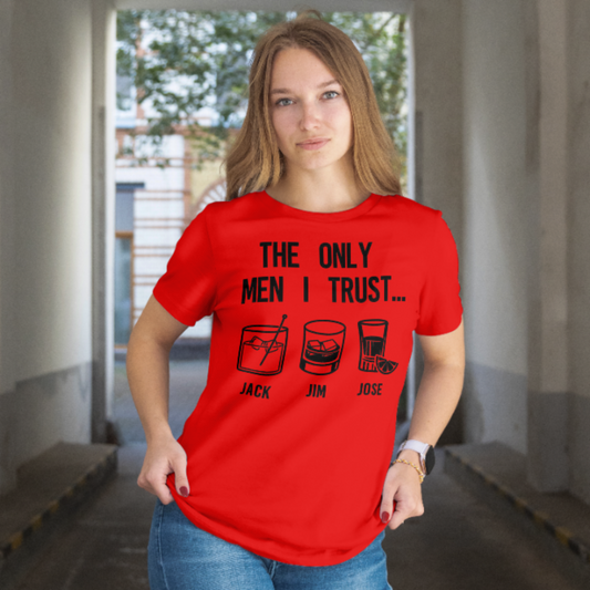 Person wearing a red t-shirt with a humorous graphic and text.