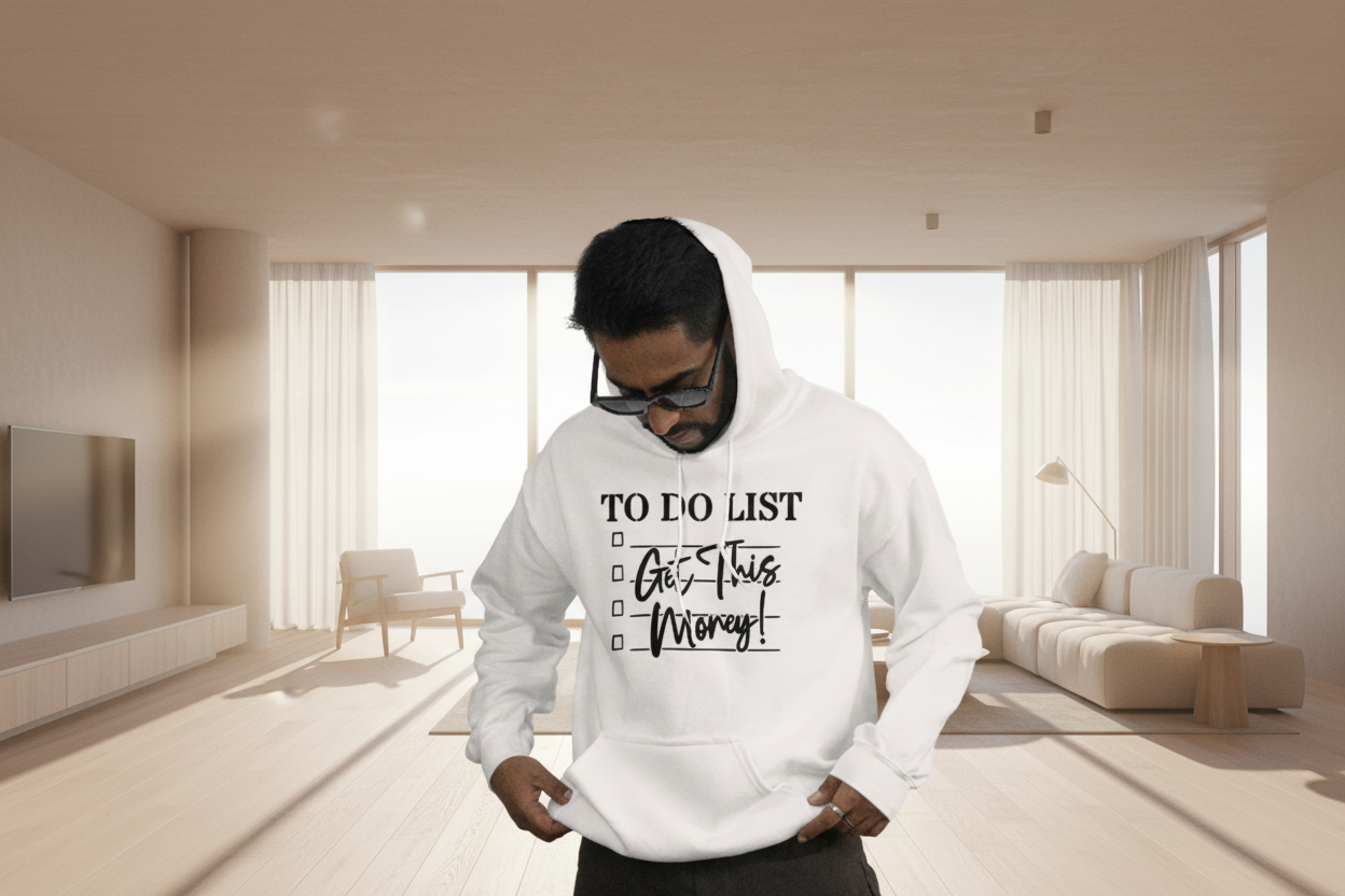 Person wearing a white hoodie with text on a plain background