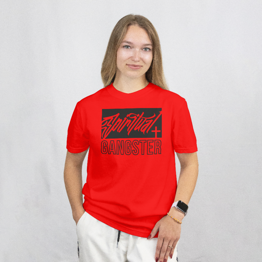 Person wearing a red t-shirt with 'Spiritual Gangster' text on a plain background