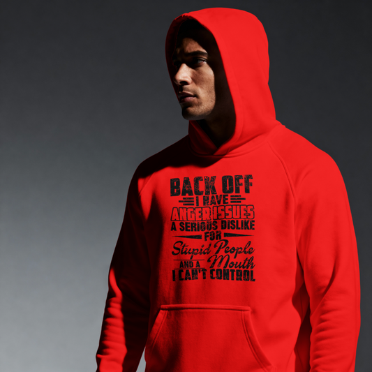 Person wearing a red hoodie with text on a dark background