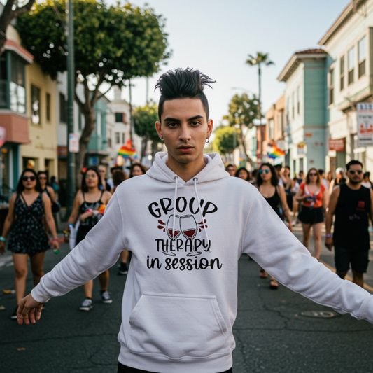 Person wearing a white hoodie with 'Group Therapy in Session' text on a street with people and palm trees in the background.