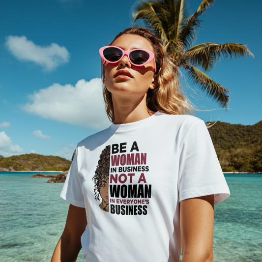 Woman wearing a t-shirt with a motivational quote on a beach