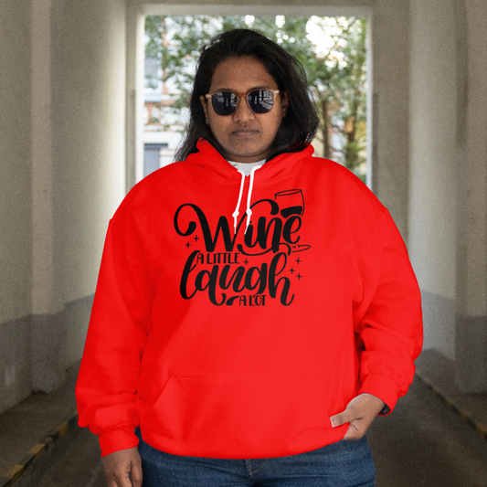 Person wearing a red hoodie with text, standing indoors.