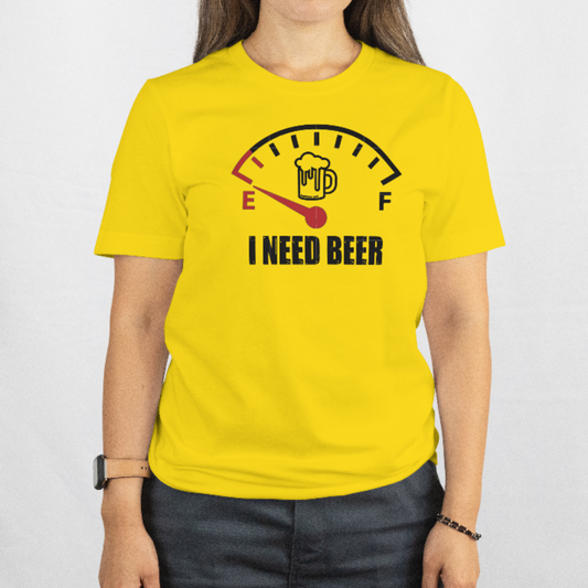 Person wearing a yellow t-shirt with a beer-themed graphic and text.