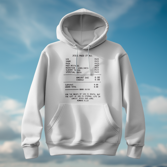 White hoodie with text design against a blue sky background