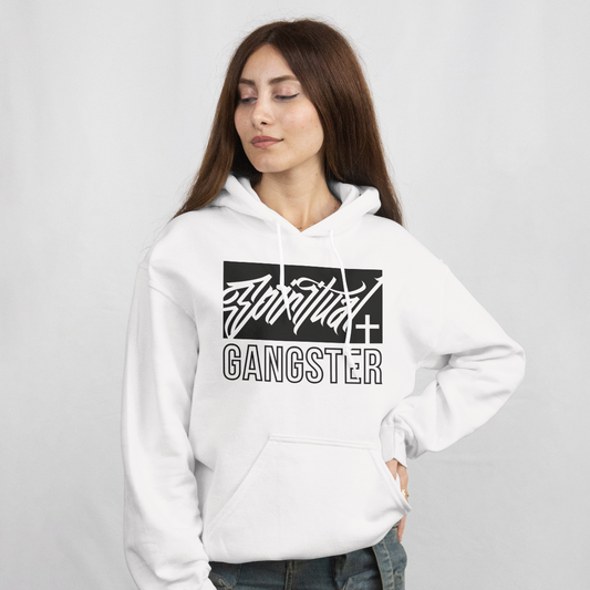 Unisex white Spiritual Gangster hoodie featuring bold black text and a relaxed fit, worn by a model.