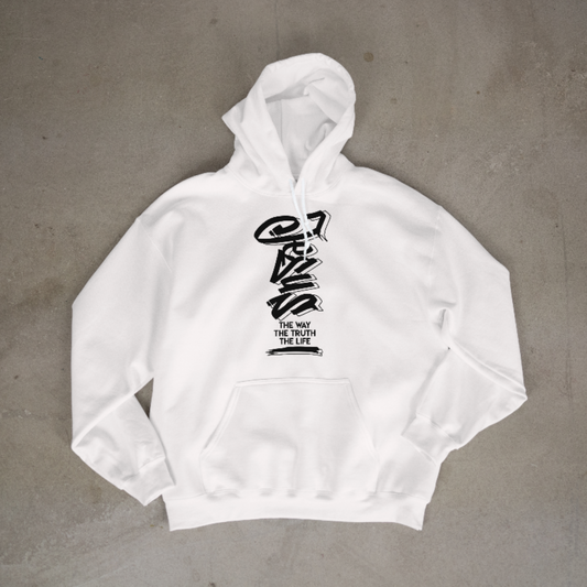 White hoodie with black text design on a gray background
