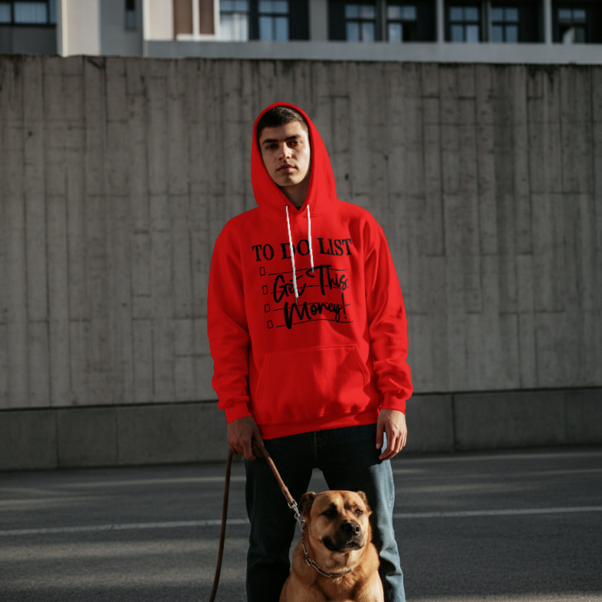Person wearing a red hoodie with text, standing with a dog on a leash in an urban setting.