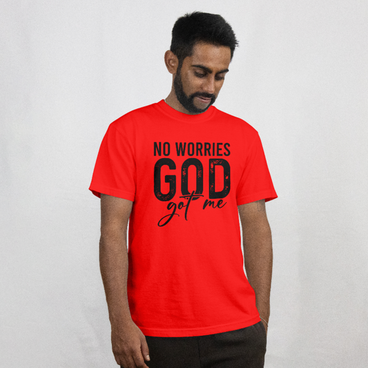 Man wearing a red t-shirt with 'No Worries God got me' text on a plain background