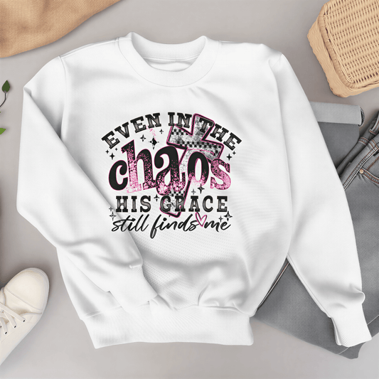 White women’s Christian crewneck sweater – “Even Through the Chaos His Grace Finds Me