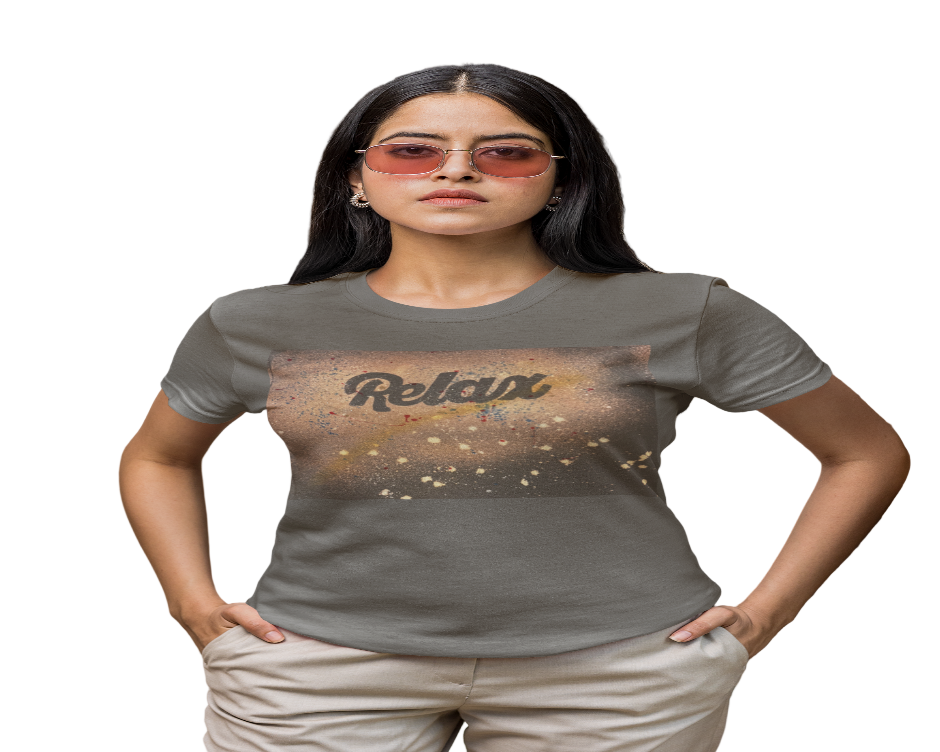 Woman wearing a gray t-shirt with 'Relax' printed on it against a white background