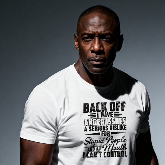 Man wearing a white t-shirt with text on a gray background