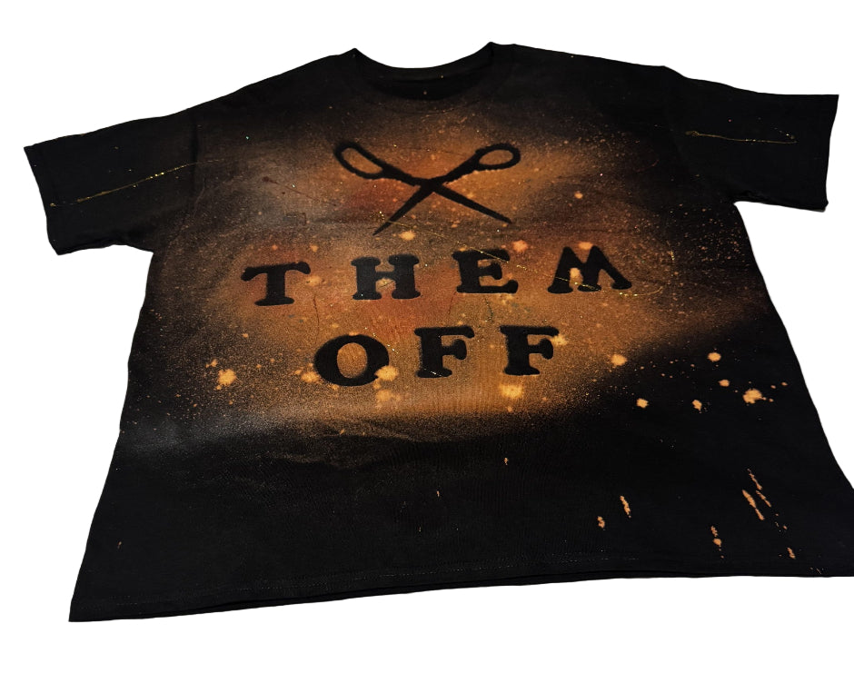Black t-shirt with 'THEM OFF' text and crossed-out design on a white background