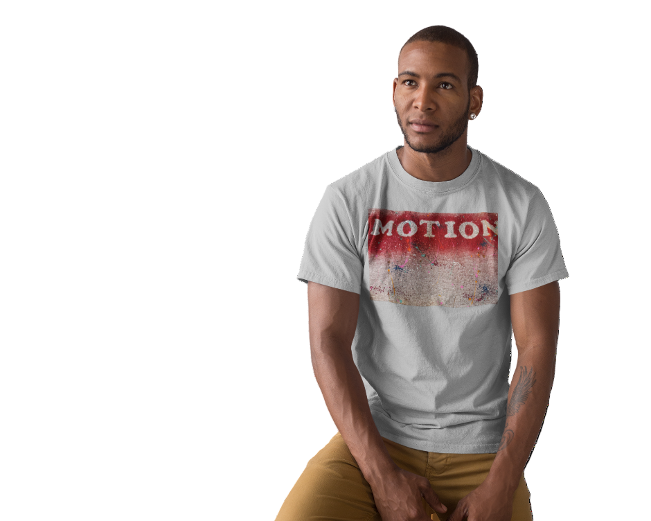 Man wearing a gray t-shirt with 'MOTION' print on a white background
