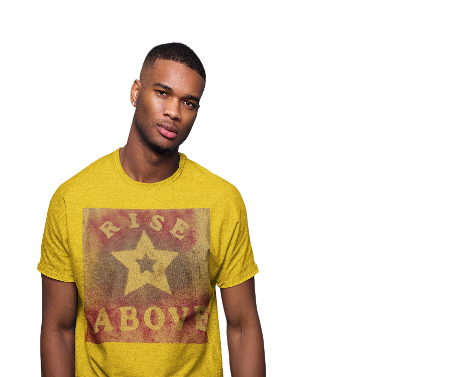 Man wearing a yellow t-shirt with 'Rise Above' text and star graphic against a gray background